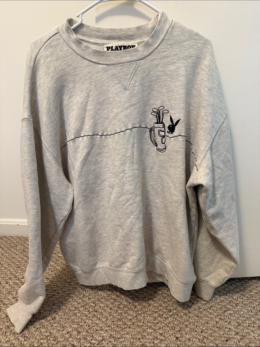 PLAYBOY Light Gray Crewneck Sweatshirt with Golf Bag Bunny Graphic